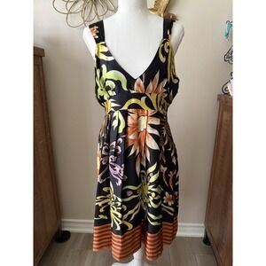KAS Designs Silk Dress Womens Large Black Tropical Floral Empire Waist Midi